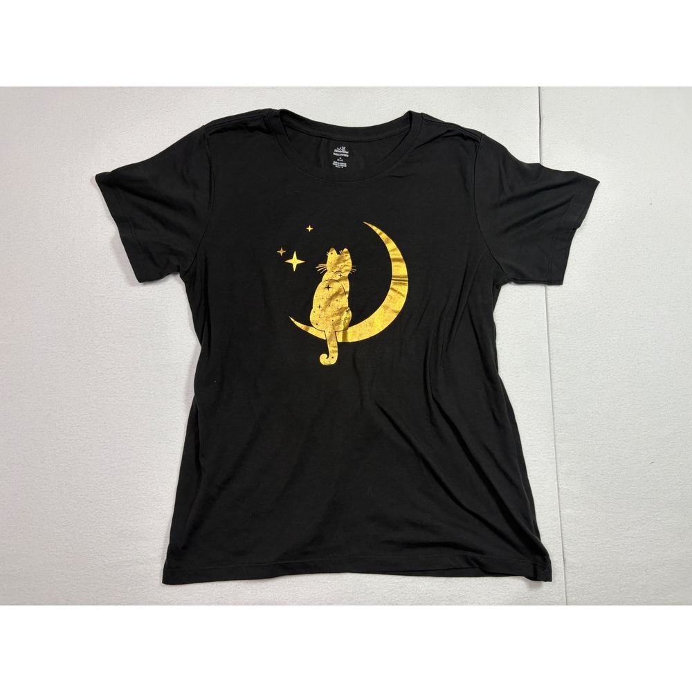 Way to Celebrate Halloween Women Black Gold Foil Cat Moon Graphic Tee Shirt M